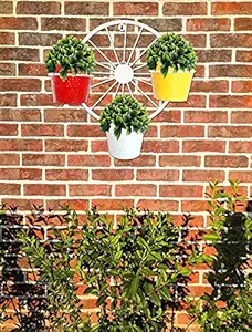 GIG Handicrafts Wheel Style Iron Wall Plant Stand with 3 Metal Planters for Wall Decoretion (48 cm x 17 cm x 41 cm, White)