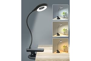 ZEMTY LED Clip on Reading Light - Eye-Caring 3 Color Modes & Stepless Dimming Clip on Desk Lamp 360° Flexible Gooseneck USB Rechargeable Bed Light with Clamp for Bedside Headboard Bedroom Study Work (Black)