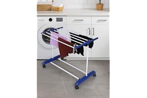 FLIPZON Premium Clothes Stand for Drying with Wheels Portable 1 Layer Rack for Balcony Foldable Wings 7 Hanger Rods Alloy Steel & Plastic (White & Blue), 54 x 74 x 86 Cm