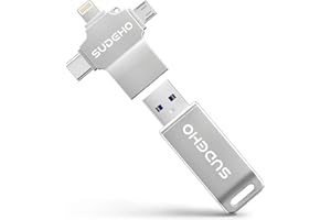 SUDEHO Cle USB iPhone 128 Go MFi Certifiée, 4 en 1 Clé USB C pour iPhone/Pad/Mac/Android/PC, Clef 3.0 Grande Vitesse Flash Drive Mémoire Externe Stick pour Stockage Photos/Vidéos/Musique(Argent)