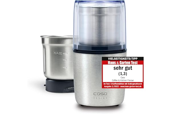 CASO Coffee & Kitchen Smak, elektrisk kaffekvarn i rostfritt stål, strimlare med extra behållare i rostfritt stål för pesto, nötter, kryddor, örter och mycket mer, 200 watt