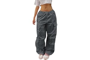 GENERIC Parachute Cargo Pants for Women with Multi Pockets Drawstring Wide Leg Elastic Waist Baggy Ruched Hiking Pants Y2K Hippie Streetwear Cargo Combat Work Pants