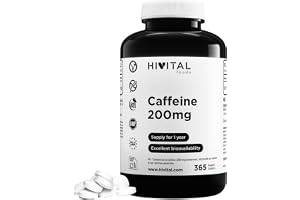 Rent Koffein-Anhydrat 200 mg. 365 veganska tabletter för 1 år | Ren Koffein med snabb och långvarig effekt. Optimal dos. Tillverkad i Europa av HIVITAL