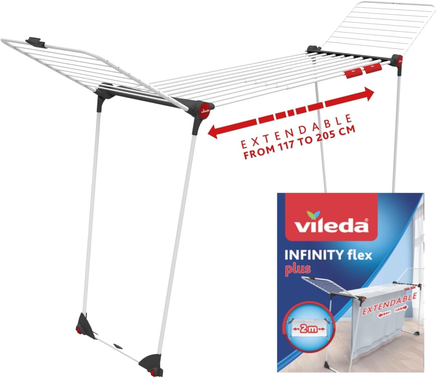 Vileda Infinity Flex | Tendedero Grande y Extensible | Tendedero de Acero y Aluminio | Ya montado | Alas Altas