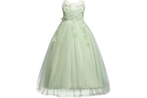 IWEMEK Kids Big Girls Tulle Lace Dress School Girls Communion Ball Gown Dance Pageant Birthday Christmas Party Prom Evening Bridesmaid Wedding Flower Dress Sleeveless Floor Length 5-16 Years