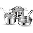 Vinod Stainless Steel Induction Friendly Classic Deluxe Combo Set of 3 Pcs, Saucepan (16 cm/2.1 litres) with Lid, Saucepot (18 cm/2.7 litres) with Lid & Frypan (20 cm) - 2 Years Warranty, Silver