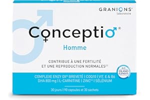 GRANIONS CONCEPTIO HOMME | Fertilité masculine | Contribue à la fertilité et la reproduction | Complexe breveté - Coenzyme Q10, L-Carnitine, DHA | 90 capsules & 30 sachets | Format 1 mois