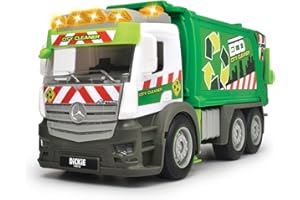 Dickie Toys 203745014 CITY Śmieciarka Mercedes z ruchomym koszem z dźwiękiem i światłem ostrzegawczym, funkcja załadunku i rozładunku, auto zabawkowe dla dzieci od 3 lat, 26 cm