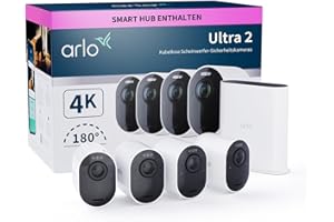 Arlo Ultra 2 Überwachungskamera Aussen WLAN, Kabellos, 4er Set, 4K UHD Qualitätsprodukt, 180° Sichtfeld, Spotlight, Farb-Nachtsicht, Bewegungsmelder, Alarm Sirene + mit Arlo Secure Testzeitraum
