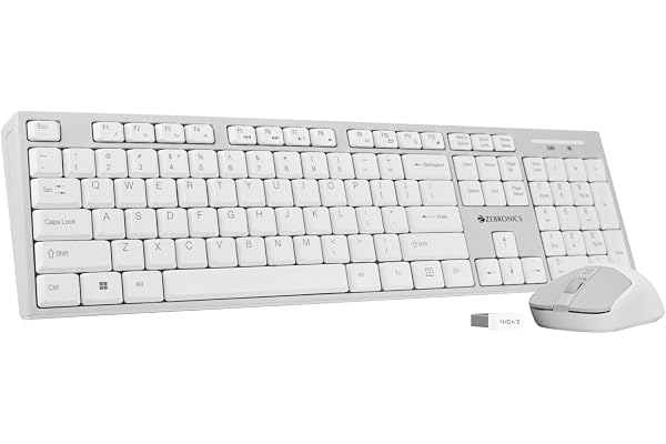 Zebronics Wireless Keyboard & Mouse Combo, 104 UV-Printed Keys, ₹ Key, 12 Multimedia Keys, Retractable Stand, 4 Button Mouse,