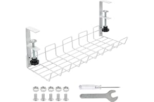 Zhaoyao Under Desk Cable Management Tray, No-Drill Metal Cable Management Basket 38cm, White, with 6pcs Anti-Slip Mat, 1 PCS Small Wrench, 1 PCS Small Cross Screwdriver (White)