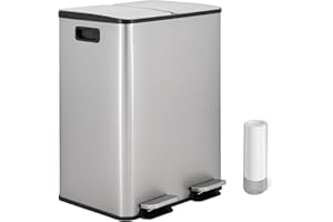 Vidacharmy Dual Rubbish Bin, 2 x 30L Recycling Bin with 20 Rubbish Bags, 2-Compartment Stainless Steel Pedal Bin with Soft-Closure Lids and Plastic Inner Buckets, Trash Can for Paper,Plastic,Rubbish