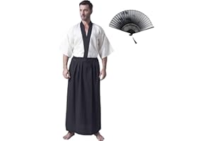 KRUIHAN Japanese Kimono Men Yukata Kimono Robe Japanese Traditional Samurai Uniform Cosplay Costume Japanese Style Clothing Haori Jacket Top Hakama Skirt Set,One Size