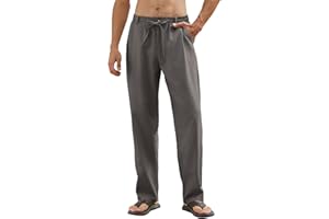 Yuson Girl Pantalon Lino Hombre Verano Pantalones de Lino y Algodon Casual Anchos Largos Pantalón Cómodos Ligeros Pantalones Rectos con Cordón Bolsillos para Vacaciones, Uso Diario