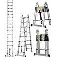 Telescopic Loft Ladder 5M Extendable Collapsible Fold Step Ladders Securing Bolt 16.5ft Multi Purpose Folding Aluminium Extension Ladders A-Shape Length (2.5M+2.5M)