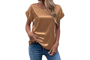 FAWHEWX Seidenhemd Damen Kurzarm Rundhals Satin Hemd Lose Tunika Tops Sommer Frauen Elegant Rundhals Kurzarm Satin Seidenhemd T-Shirt Oberteil EU 2XL