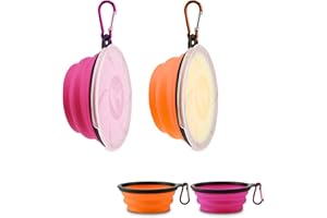 YAMOOCO Aoliandatong Pack of 2 Foldable Dog Bowls, Pet Travel Bowl with Lid and Hook, Portable Silicone Feeding Bowl, Dog Bowl for Travel, Walks, Kennel, Camping (450 ml, Orange and Pink)