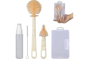 INSIMHEART Baby Bottle Brush Set - Portable Travel Cleaner Kit With Nipple Brush, Straw Cleaner, Soap Dispenser - Silicone Bristles - White