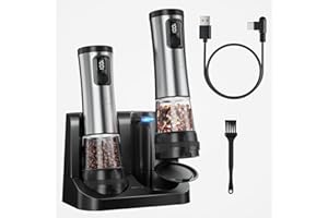 COKUNST Electric Pepper and Salt Grinder Set, USB Pepper Grinder with Rechargeable Stand, Adjustable 5 Levels of Coarseness, Digital Screen Pepper Mills with 2 Grinding Speed for Resturant Kitchen