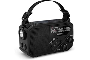 Philips TAR1609 Radio FM/AM Portable avec Batterie Interne Rechargeable, Pile AAA, Recharge de Secours à manivelle, Solaire, Lampe LED intégrée pour Camping, randonnée, pannes d'électricité