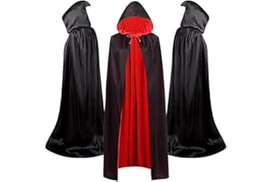 HATFRYF Rojo-Negro Capa con Capucha, Larga Capa de Mascarada para Halloween, Capa de Disfraz para Fiesta de Cosplay, Trajes de rol de Bruja Vampiro para Adultos(120CM)