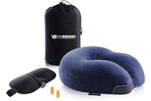 VAN BEEKEN - Nackenkissen aus Memory Foam - für Reisen - mit Schlafmaske, Ohrstöpseln & Transportbeutel - Blau