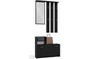 CDF Garderobe | Farbe: Schwarz | Großer Spiegel | Kleiderbügel | Geräumiger Schuhschrank | Ideal für Diele, Flur | Praktische Ablagen | Modernes Design