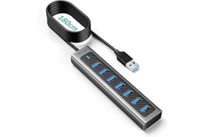 GiGimundo GM7U 7 Puertos USB HUB 3.0 de Aluminio, Cable de 1,8 m de Largo con Conector de Entrada de Corriente de 5 V/3 A Tipo C, Distribuidor USB 3.0 para PC, portátil(1.8 Metros)