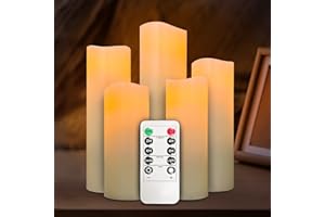 OSHINE Flameless Flickering LED Battery Candles: Set of 5 Ivory, D2.2 x H5.5"6"6.5"7"8", Real Wax Operated Flame with Remote Control 24 Hour Timer Function Flickering Candle for Festival, Home Decoration
