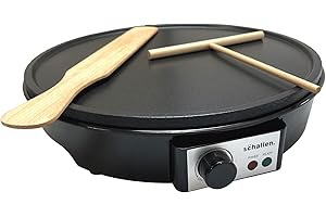 Schallen Black 1000W Electric Traditional Pancake & Crepe Maker Machine, 12" Hot Plate and Utensils Included