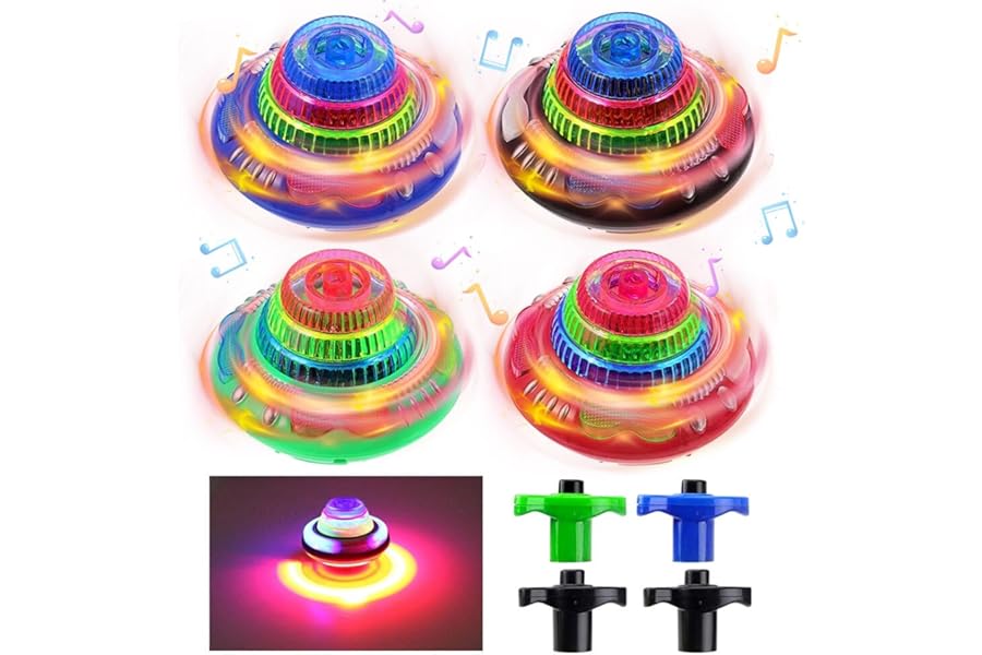 Light Up Spinning Toy, CJBIN 4 Pcs Light Up Spinning Tops, Gyroscope Toy, Flashing Light To-ys with Seven Coloured Lights and Music, Spinning To-ys for Kids Toddlers Autism T-oys Gift, Random Color