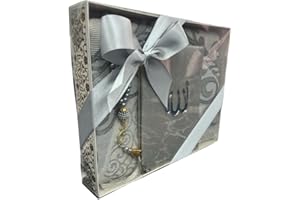 Ilm Verlag Geschenkbox Set mit Gebetsteppich, Tesbih und Surenbuch - Gebetsteppich Muslimischer Gebetsteppich Namaz-LIK Seccade, Gebets-Matte, Salah, Sejadah, Seccade,(Grau)
