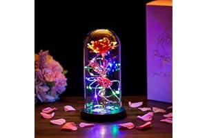Glasseam La Bella Y La Bestia Rose En Cúpula De Cristal Luces LED Crystal Rose Flowers Regalo para Cumpleaños Aniversario San Valentín Boda Novia Esposa Mujeres