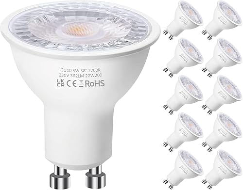 Levidon GU10 LED Bulbs, Warm White 2700K, 5W LED GU10 Spotlight Bulb, 50W Halogen Spotlight, 220-240V 362LM 38 Degree Narrow Beam Angle Energy Saving Non-dimmable Pack of 10