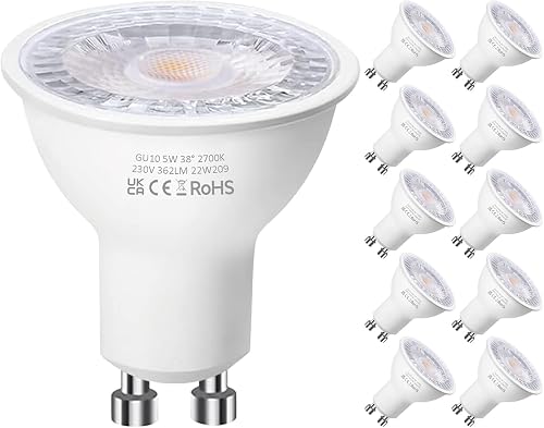 Levidon GU10 LED Bulbs, Warm White 2700K, 5W LED GU10 Spotlight Bulb, 50W Halogen Spotlight, 220-240V 362LM 38 Degree Narrow Beam Angle Energy Saving Non-dimmable Pack of 10