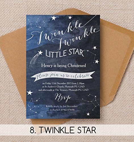 10 Personalised Twinkle Star Christening / Baptism Invitations with Envelopes