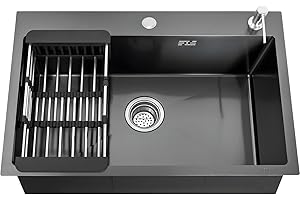 IBVIVIC 50 x 45CM Évier de Cuisine en Acier Inoxydable, Evier à Encastrer 1 Bac avec 2 Trous de Montage, Avec un Distributeur de Savon et un Panier D'égouttage (Noir)