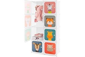 GYMAX Cartoon Clothes Closet, Portable Kids Wardrobe with Hanging Section, 8 Cubes Children Storage Unit for Bedroom Nursery (White, 75 x 37 x 145cm)