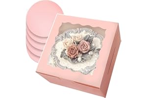Gcardist Pudełko na ciasto, 20,3 x 20,3 x 12,7 cm, 5 zestawów, różowe pudełko na tort z okienkiem i 5 zestawów, różowe okrągłe deski 20,3 cm, pojemnik na ciasto 20,3 cm (8 x 8 x 5")