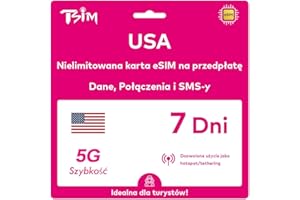 TSIM eSIM na podróż do USA. Prepaid. Sieć T-Mobile z nielimitowanymi danymi, połączeniami i wiadomościami. eSIM 5G (ważna przez 07 dni)