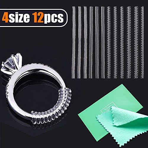 Coardor Ring Sizer Snuggies Size Adjuster Reducer 12 in 1 Kit Invisible Clear Plastic Clip for Loose and Big Rings Guard with Silver Polishing Cloth 1.2mm 2mm 3mm 4mm