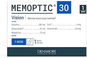 Densmore - MEMOPTIC Complément Alimentaire Mémoire et Vision à base de Citicoline (traitement Glaucome) - Ginkgo biloba Magnésium Vitamine B5 Zinc - 30 comprimés - Cure de 1 mois - Fabriqué en France