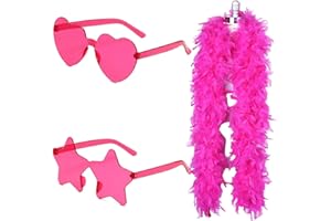 GIEEU Boa en Plumes Roses avec Lunettes en Forme D'étoiles et Lunettes de Soleil en Forme de Cœur,pour Déguisement, Fête à Thème, Carnaval, Cosplay, Halloween,Mariage,Danse（200CM）