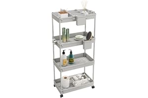 LYNCOHOME Rollwagen Küchenwagen mit 4 Ebenen, Küchenregal Nischenregal auf Rollen, Badregal Aufbewahrungswagen für Küche Badezimmer, mit 4 Haken+2 Behälter+Korbunterteilungen