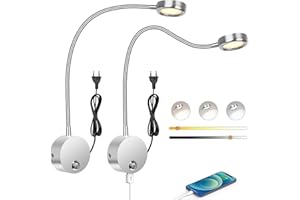 ERWEY 2 lampade da lettura a LED da parete, lampada da parete con dimmer touch (3000 – 6000 K), lampada da letto da 4 W con collo di cigno flessibile a 360° e porta di ricarica USB per camera da letto
