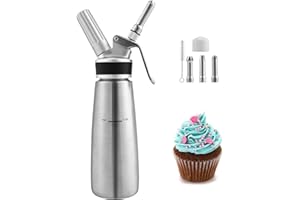 Lospitch Sifone Panna in Acciaio Inossidabile 500ml, con 3 Ugelli per Decorazione in Acciaio Inox, Professionale sifone da Cucina per Decorazione Pasticceria Panna Gelato e Altro(N20 Non Incluso)