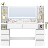 HEXCELEN 149 cm Dressing Table, with LED Light, Large Mirror, White-Silver | Makeup Dressing Table, Makeup Table with Practic