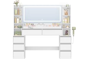 HEXCELEN Sminkbord med Spegel, Sminkbord, Justerbara 3-Färgade LED-lampor, Sminkbords med Kontakt, Hårtorkhållare, 8 Lådor, Öppna Förvaringsutrymmen, 40 x 150 x 140 cm, Modernt, Vitt