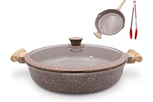 AIKENBBKK 2 en 1 Poêle à Frire Céramique de 32 cm avec Couvercle Revêtement Céramique Antiadhésif, Non Toxique, Sans PTFE ni PFOA- Marron