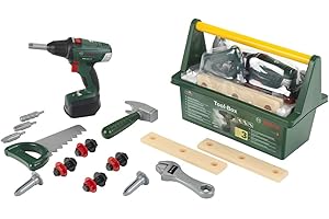 Theo Klein 8520 Caisse à Outils Bosch avec visseuse électronique - Nombreux Accessoires : scie, Marteau, clé à molette, vis, Lattes, etc. - Dimensions : 31 x 16,5 x 22,5 cm - pour Enfants dès 3 Ans